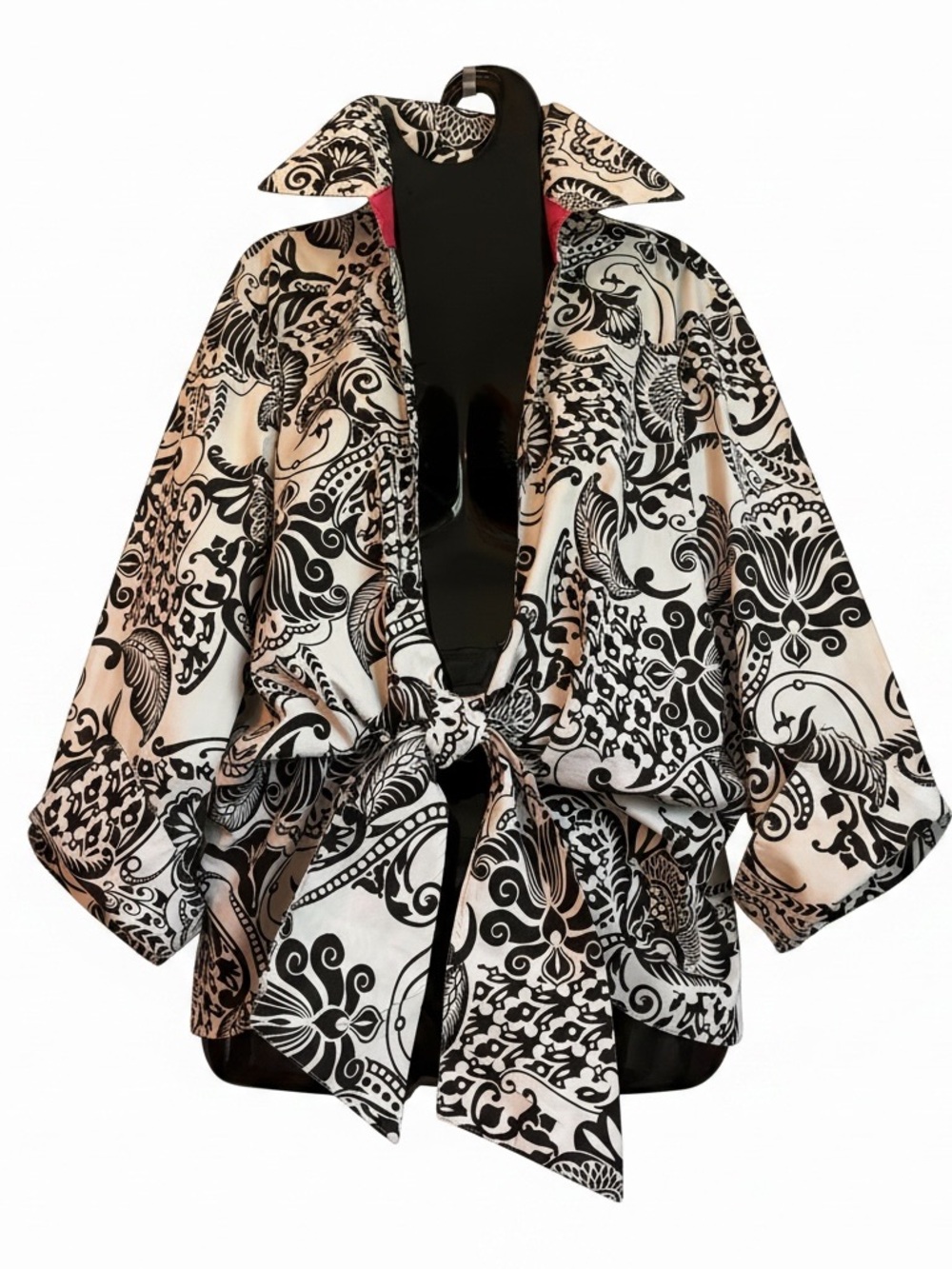 Finley Hot Pink Trim Floral-Pattern Black and White Cotton Kimono Blouse US L
